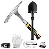26oz Geologist Rock Pick Tool kits-12" Folding Multitool Shovel-Survival Bracelet-Safety Glasses-Jewelers Loupe-Gloves for Hounding Gold Mining Prospecting Stone Breaking Pry Rocks Loosen Soil
