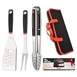 BBQ Tools Set, Heavy Duty Stainless Steel Spatula, Fork & Tongs with Portable Bag, Essential Accessories for Barbecue Outdoor Grill, Grilling Gifts for Men Dad Camp Chef