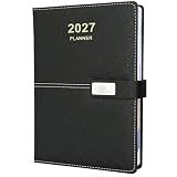 2027 Daily Planner - One Page per Day, 2027 Hourly Daily Calendar(Jan-Dec 2027), 5.7" x 8.26" Appointment Book, Leather Cover + Thick Paper (Black)