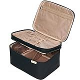 NISHEL Large Double Layer Travel Makeup Bag Women, Cosmetic Case, Organizer for Travel-Size Accessories Bottles, Brushes, Conditioner, and Skin Care Products, Black