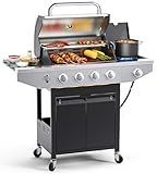 EUHOME 4-Burner Propane Gas BBQ Grill with Side Burner, 46,500 BTU Output Stainless Steel Barbecue Grill with Enameled Cast Iron Grates and Side Tables for Outdoor Cooking Kitchen and Patio Backyard