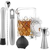 Elixir Cocktail Mixing Glass Set - 8-Piece Home Bar Bartender Cocktail Kit for Old Fashioned Negroni Martini - with Strainer Muddler Jigger Spoon Knife Ice Ball Mold & Recipes