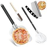 4-Piece Pizza Oven Accessories Kit, Includes 12 Inch perforated Pizza Peel, 9 Inch Round Pizza Turning Peel, Oven Brush with Scraper and Rocker Cutter, Pizza Spatula Paddle Set for Home Pizza Making