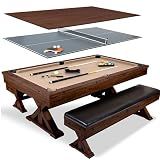 7' 3 in 1 Multi Game Pool Table with Dining Top Pool Ping Pong Table Combo with Dual Storage Bench Seating. Includes Billiards, Ping Pong Accessories.