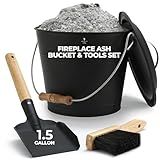 Smedley & York Mini Ash Bucket with Lid, Includes Fireplace Tools, Pail, Shovel and Broom, 1.5 Gallon Charcoal Metal Bucket with Lid, Coal Bucket and Ash Can, Galvanized Iron Ash Bucket for Fireplace