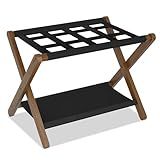 Heybly Luggage Rack, Folding Suitcase Stand with Storage Shelf, Luggage Holder with 5 Nylon Straps for Guest Room Bedroom Hotel, Walnut HLR010WB1