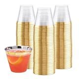 Prestee 100-Pack 9oz Gold Rimmed Plastic Cups Disposable Wine Glasses for Charcuterie, Weddings, Parties, and Events - Elegant Cocktail and Drinking Cups for Champagne, Martini, and Mocktails