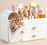 HBlife Makeup Organizer Countertop with Drawers, Vanity Organizers with Brush Holder, Bathroom Counter Organizer for Perfume, Nail Polishes, Lipsticks, Skincare and Eyeshadow Palettes, White