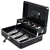 xydled Cash Box with Money Tray and Key Lock,Tiered, Cantilever Design,4 Bill / 5 Coin Slots,11.8" x 9.5" x 3.5",Black