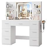 LIVELYGLOW White Large Makeup Vanity Desk with Smart LED Mirror & Power Station, 43" Professional Dressing Table with 7 Drawers, 4 Open Shelves & Hairdryer Holder for Bedroom