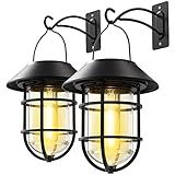 Solar Lantern Hanging Solar Lights Outdoor, Waterproof Metal Wall Lantern with Hooks, Outdoor Wall Lights for Porch, Patio Yard Garden Decor, No Wiring Required, 2 Pack