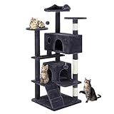 DUMOS 54-inch Indoor Cat Tree Tower –Multi-Level Pet House for Large Cats with 2 Condos, Scratching Posts, Round Platform, Small Ladder, and Toys – Perfect for Cats of All Ages, Dark Grey