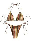 ZAFUL 2 Piece Triangle Bikini for Women Knitted Rope Halter Bikini Sets Sexy Bathing Suit Side Tie Swimsuits Beachwear Brown S