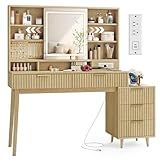 VASAGLE MAXE Collection - Vanity Desk with Sliding Mirror and Lights, Mid Century Modern Fluted Makeup Vanity with 10x Magnifying Mirror, Charging Station, Jewelry Storage, Oak Beige URDT139YC01S