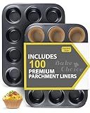 Bake Choice 2 Pack Muffin Pan for Baking, Standard Cupcake Pan includes 100 Natural Cupcake Liners, Muffin Tin Nonstick 12 Cup, Baking Pans Set, Carbon Steel Baking Supplies