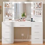 Quimoo Large Vanity Desk with LED Lighted Mirror & Power Outlet,Makeup Vanity Table with 7 Drawers,4 Shelves and 5 Hooks,Vanity Table, Vanity Desk Set for Bedroom,Bathroom,White