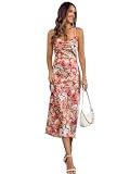Women's Spaghetti Strap Midi Satin Silk Dresses Slip Cowl Neck Party Cocktail Evening Sexy Dress