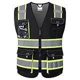 JKSafety Hi Vis Reflective Safety Vests for Men Women High Visibility Vest with Pockets Mesh Fabric Construction Safety Apparel Neon Vest for Work (220-Black L)