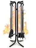 FEED GARDEN Hand Forged Iron Fireplace Tools Set 5-Piece Wrought Iron 28 Inch Fire Place Set Tools with Stand for Indoor Outdoor Heavy Duty Fireplace Accessories Poker, Tongs, Shovel, Brush, Base