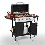 HUGROVE Propane Gas BBQ Grill with Wheels, 40,000 BTU Output Stainless Steel Barbecue Grill for Backyard & Outdoor Cooking Easy to Assemble, Foldable Side Tables & Spice Rack (Black)