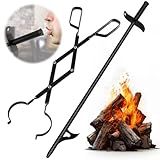 Cyrico Fire Poker and Fire Tongs Set, Heavy Duty 31 Inch Fireplace Poker with Blow Portable 23 Inch Log Grabber Firewood Tongs Fire Pit Tools Accessories for Camping Wood Stove Campfire Outdoor Indoor