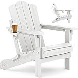 KINGYES Folding Adjustable Adirondack Chair, All Weather Resistance Reclining Adirondack Chair with Cup Holder, HDPE Folding Adirondack Chairs, White