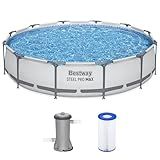 Bestway Steel Pro MAX 12 Foot by 30 Inch Round Above Ground Swimming Pool Set Outdoor Metal Frame Family Pool with Filter Pump, Gray