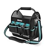 DURATECH 12 Inch Tool Tote with Waterproof Hard Bottom, Electrician Tool Bag with Rotating Handle, Open Top Tool Bag Wide Mouth Multi-Pockets, Tool Carrier for Mechanic Plumber Electrician HVAC