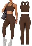 OLCHEE Womens Workout Sets 2 Piece - Acid Wash Seamless Yoga Outfits High Waist Leggings Padded Racerback Sports Bra Gym Set - Solid Brown Large