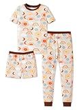 PATPAT Kids 3-Piece Pajama Sets with Bamboo Viscose,Soft Snug Fit Pjs for Toddler Boys and Girls,All-Season Comfort Sleepwear, Brown Luna and Sun, Size 4T
