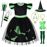 RuuYiicoco 9 Pcs Halloween Black Witch Costume for Girls Pink Dress for Kids (Black, 5-6 Years)