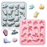 2 Pack Halloween Themed Silicone Chocolate Molds 16 Cavity 3D Skull Pumpkin Bat Ghost Coffin Witch Hat and Cauldron Tray DIY Baking Decorating Tools for Cookies Candy Dessert Gummy Soap Clay