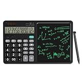 Desk Calculator with Erasable Writing Pad, 12-Digit Wide Screen Display, 100,000+ Reusable LCD Notepad, One-Click Clear & Lock Function, Solar and Battery Dual Power for Office,School,Business (Black)