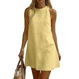 Linen Shift Dress for Women, Cotton Linen Sleeveless A Line Mini Dress, Casual Round Neck Loose Summer Beach Swing Sundress Yellow