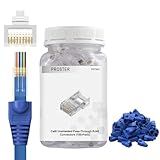 Proster Cat6 Pass-Through RJ45 Connectors - 100PCS Gold Plated Ethernet Connectors with Blue Boots & Storage Jar, for 23-24 AWG Solid/Stranded UTP Cable, T568A/T568B
