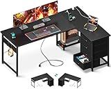 AODK L Shaped Gaming Desk with 4 Drawers, 61" Reversible Home Office Desks with Power Outlets, L Shaped Computer Desk with USB Charging Port and Host Stand, Corner Desk, Easy to Assemble, Black