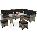 KROFEM 6-Piece Outdoor Patio Furniture Set - Sectional Sofa, Dining Table & Chairs Included, All-Weather Dining Set with Ottoman, Natural Wicker and Black Cushions