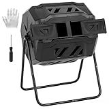 OLIXIS Compost Bin Outdoor 43 Gallon, Dual Chamber Composter Tumbler Outdoor with Gloves, Efficient 360°Rotating Composting Bin for Patio, Lawn, Home Gardening and Landscape, Pure Black