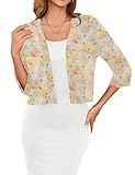 Iandroiy Women's 3/4 Sleeve Open Front Cropped Cardigan Sweater Elegant Shrugs for Women (Large, FP Pastel Floral)