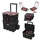 Keter Stack-n-Roll Modular Tools Organizer for Garage Storage and DIY, 4 Piece Resin Rolling Tool Box System for Small Parts, Black