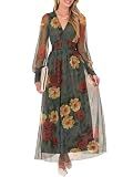 ANRABESS Women's Floral Maxi Dress 2025 Fall V Neck Puff Long Sleeve Flowy Casual Wedding Guest Tea Party Tulle Dresses Red and Yellow Rose XL