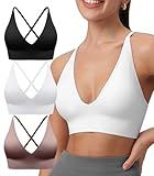 3Pack Womens Deep V-Neck Longline Sports Bra, Strappy Criss Cross Padded Cups Adjustable Spaghetti Straps Workout Yoga Crop Top