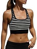 Aoysky Womens Racerback Ribbed Sports Bras Padded Low Impact Scoop Neck Workout Yoga Top Striped Athletic Cami Longline Bras Black