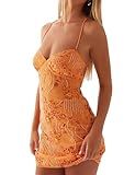 JEIBKOUY Sexy Sparkly Sequin Mini Dress for Women Sleeveless Halter Open Back Strap Party Club Cocktail Bodycon Short Outfit Orange
