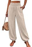 WIHOLL Women's Linen High Waisted Smocked Balloon Harem Jogger Pants Casual Summer Boho Hippie Lounge Capri Trousers with Pockets Flowy Vacation Travel Resort Cruise Wear Fashion Outfits Khaki S