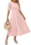 ZESICA Women's 2025 Summer Short Puff Sleeve Crewneck Smocked Floral Lace Flowy A Line Tiered Maxi Dresses,Pink,Medium