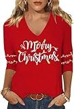 FKQRXO Women's V-Neck 3/4 Sleeve Merry Christmas T-Shirt Winter Christmastree Snowman Xmas Family Party Graphic Tees Tops(9C-red,L)