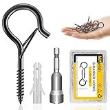 MYWISH 20-Pack Q Hanger Hooks with Safety Buckle, 2.2 Inches Windproof Q-Hanger Screw Hooks for Hanging String Lights, Black Outdoor Wall Wood Ceiling Deck Mount, with 1 Wing Nut Driver