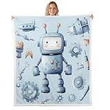 Cartoon Robot Kids Throw Blanket,Cute Intelligent Toys Theme Bed Blanket for Boys Girls,Modern Equipment Mechanical Tools Fleece Blanket,Blue Fuzzy Blanket,40 x 50 Inches