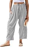 TARSE Womens Linen Wide Leg Striped Pants Casual Barrel Palazzo Harem Pants